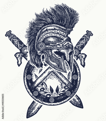 Spartan helmet crossed swords and spartan shield. Symbol of bravery, fight, hero, army. Ancient Rome concept war t-shirt design