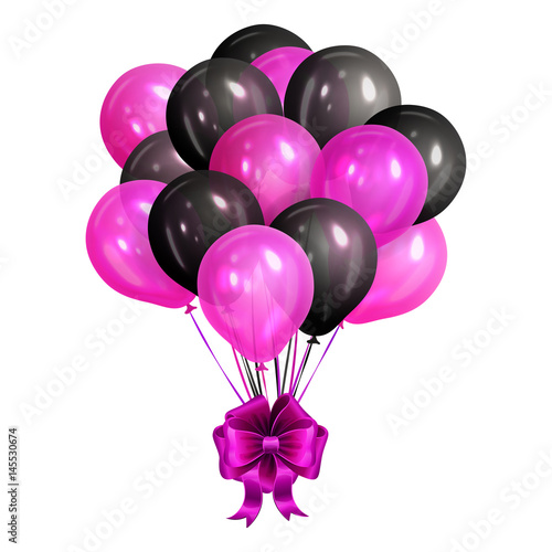 Bunch of realistic black and pink helium balloons isolated on white background. Party decorations for birthday, anniversary, celebration. Vector illustration.