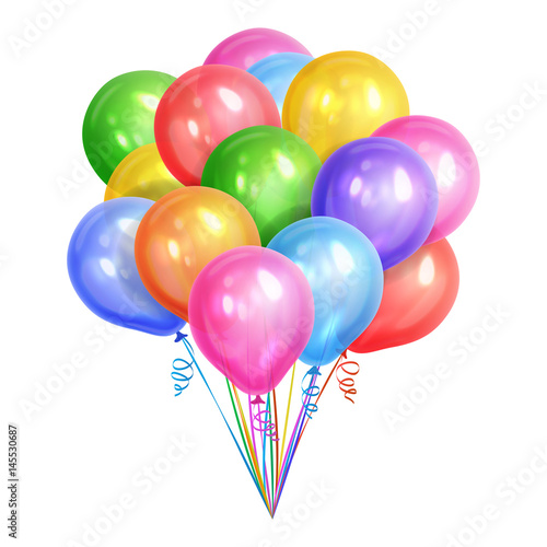 Bunch of realistic colorful helium balloons isolated on white background. Party decorations for birthday, anniversary, celebration. Vector illustration.