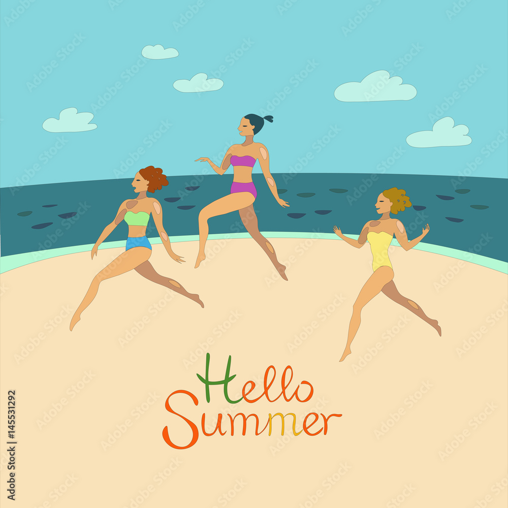 Three Girls In Bikini Having Fun, Part Of Friends In Summer On The Beach Vector Illustrations