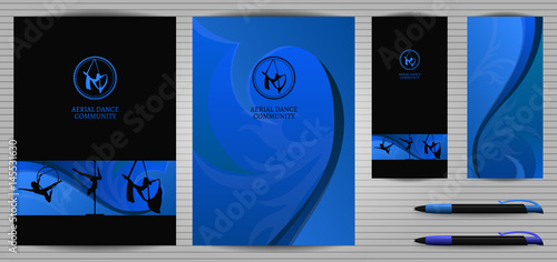 Blue and Black Vector Pole Dance and Aerial Sports School Corporate Identity and Stationery Templates Set. Document, Book