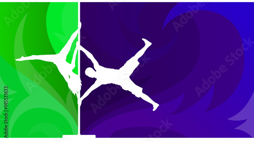 Pole dance duet. White vector silhouettes of man and woman performing acrobatic moves on the pole on abstract blue and green background.
