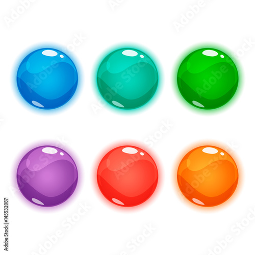 Set of cartoon cool shiny glossy colorful bubbles vector illustration. Vector glowing asset for gui design isolated on white background.