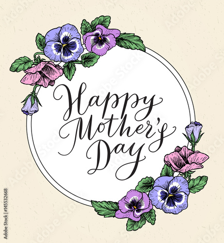 Happy mothers day card with text and frame of vintage botanical 