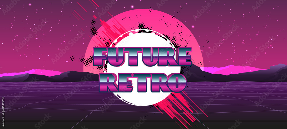 80s Retro Sci-Fi Background with Sunrise or Sunset. Vector futuristic ...