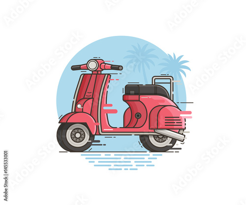 Pink scooter riding fast. Motor bike on road trip vector illustration. Motorcycle in motion on tropical seaside background. Retro motorbike in flat design.