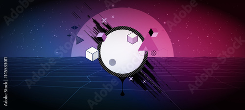 80s Retro Sci-Fi Background with Sunrise or Sunset. Vector futuristic synth retro wave illustration in 1980s posters style.  Vector Illustation,