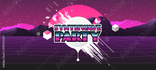 80s Retro Sci-Fi Background with Sunrise or Sunset. Vector futuristic synth retro wave illustration in 1980s posters style.  Vector Illustation,