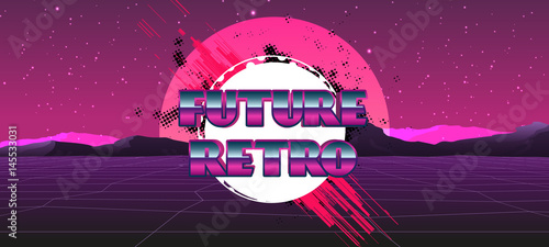 80s Retro Sci-Fi Background with Sunrise or Sunset. Vector futuristic synth retro wave illustration in 1980s posters style.  Vector Illustation,