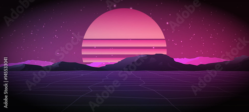 80s Retro Sci-Fi Background with Sunrise or Sunset. Vector futuristic synth retro wave illustration in 1980s posters style.  Vector Illustation,