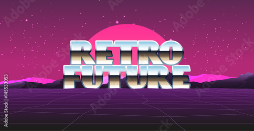 80s Retro Sci-Fi Background with Sunrise or Sunset. Vector futuristic synth retro wave illustration in 1980s posters style.  Vector Illustation,