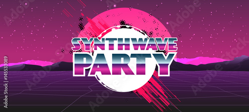 80s Retro Sci-Fi Background with Sunrise or Sunset. Vector futuristic synth retro wave illustration in 1980s posters style.  Vector Illustation,