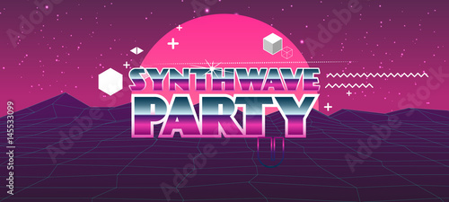 80s Retro Sci-Fi Background with Sunrise or Sunset. Vector futuristic synth retro wave illustration in 1980s posters style.  Vector Illustation,