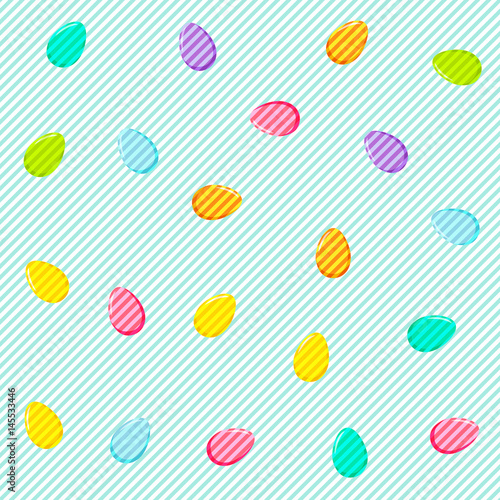 Vector seamless blue diagonal line pattern with colorful eggs. Easter holiday background for web backdrop, printing on fabric, paper for scrapbooking, gift wrap.