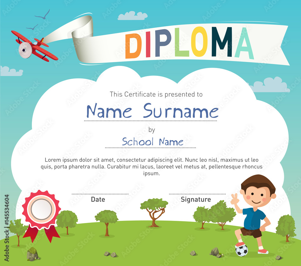 Fototapeta premium Colorful kids summer camp diploma certificate template in cartoon style with boy and a soccer ball