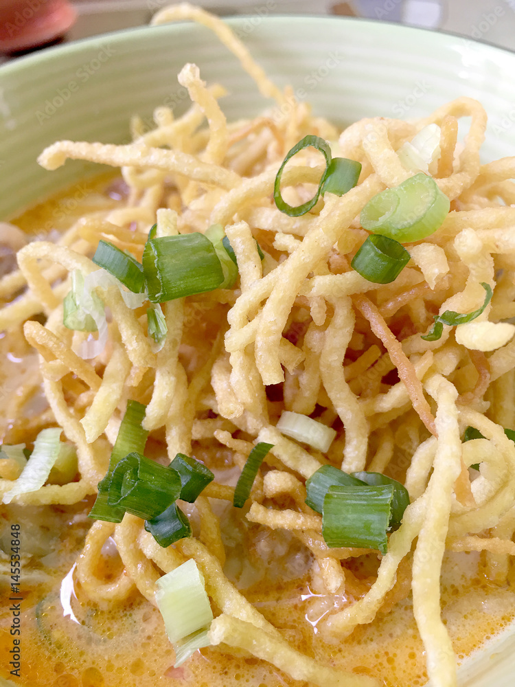 Thai spicy food, Egg noodle in chicken curry or name in thai is khao