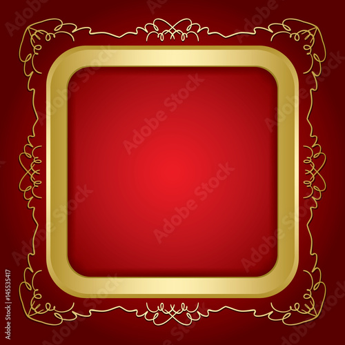 red background with golden vintage frame and transparent shadow inside - vector
