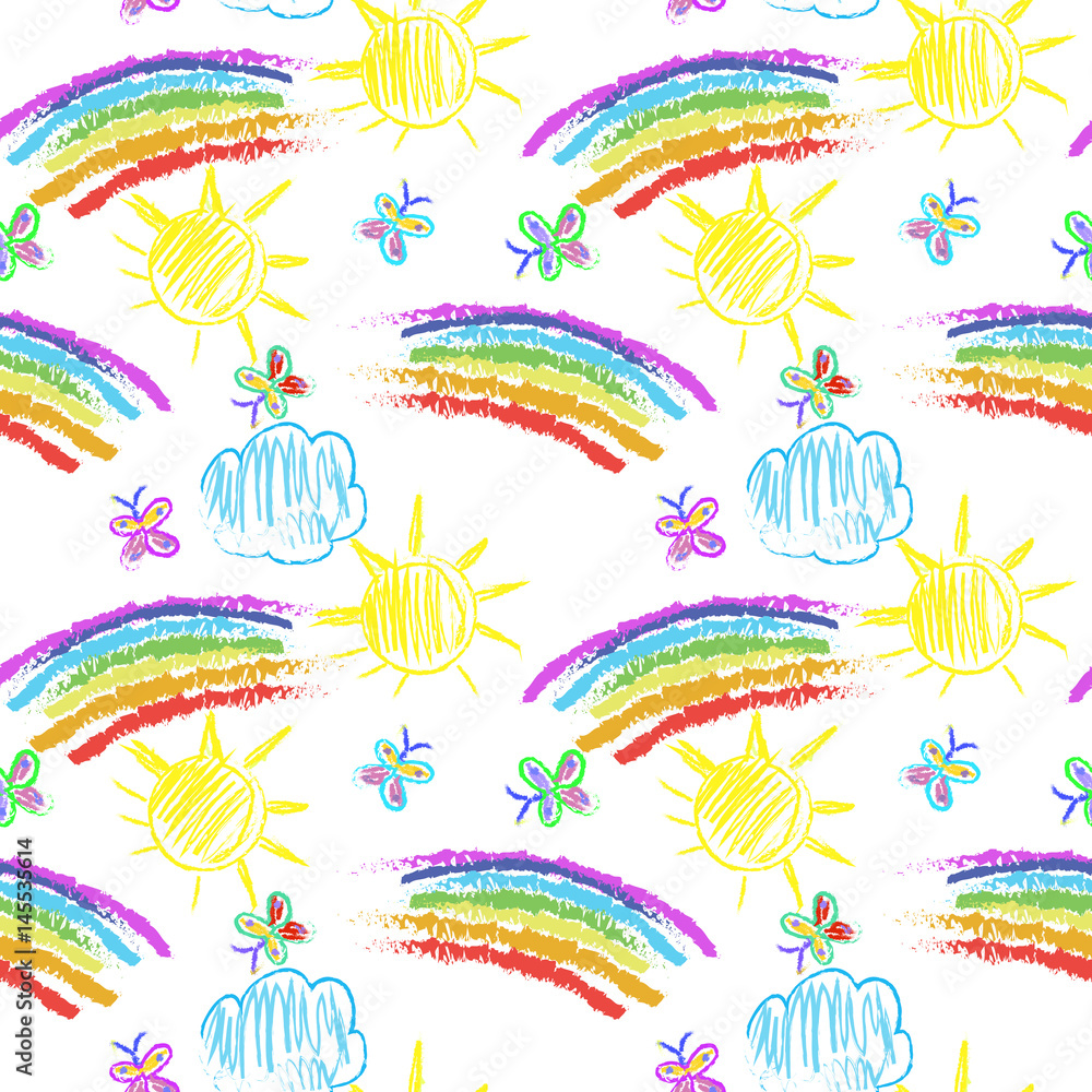 Kids Doodles Seamless Pattern with rainbow
