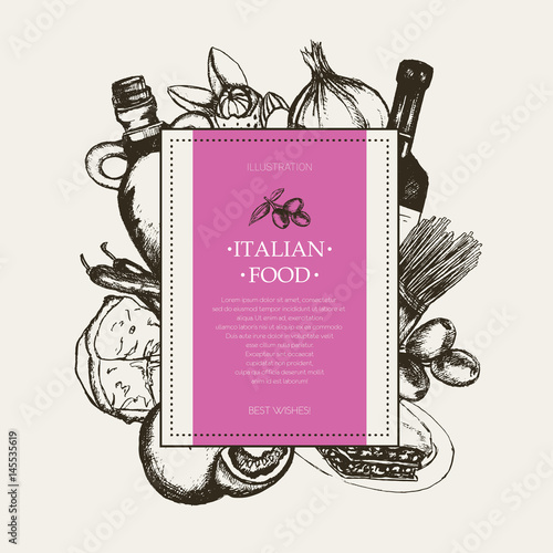 Italian Food - black and white hand drawn square banner.