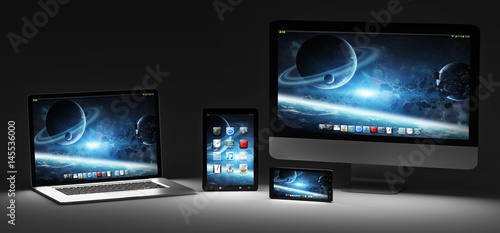 Dark modern computer laptop mobile phone and tablet 3D rendering