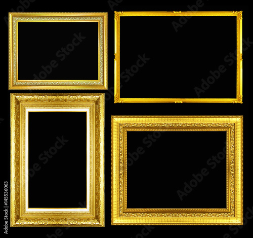 Gold vintage picture and photo frame isolated on black background