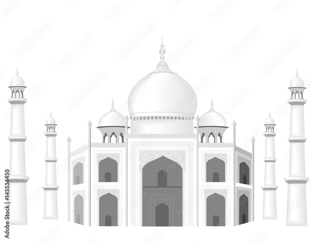The building is in the style of the Taj Mahal temple. The Sultan's Palace. Black and white graphics with halftones. illustration