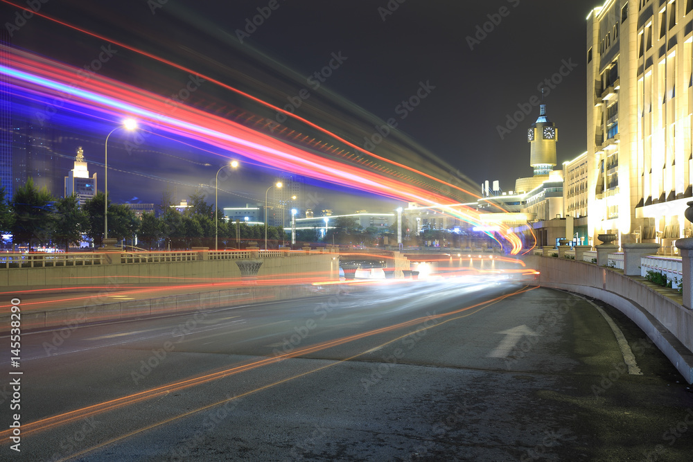 Fototapeta premium City road surface floor with City building of night scene