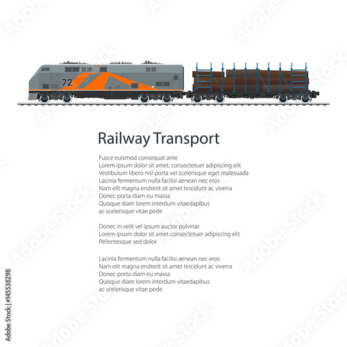 Poster Locomotive with Railway Platform for Timber Transportation, Train Isolated on White Background and Text, Rail Freight, Overland Transport, Vector Illustration