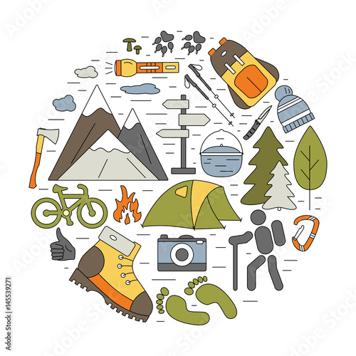Outdoor icons in circle composition. Hiking and camping thin line elements with open paths. Vector travel concept for flyers, cards, banners, web and mobile applications.