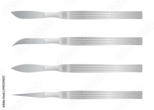 Realistic Scalpel Blade set. Medical instruments. Metallic Surgery equipment. Isolated vector.
