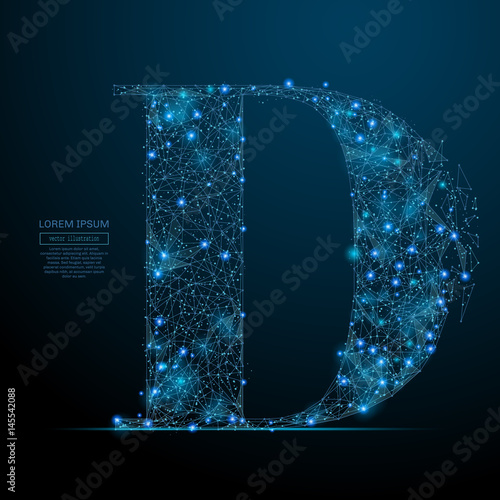Abstract image of the letter D of a starry sky or space, consisting of points, lines, and shapes in the form of planets, stars and the universe. Vector business
