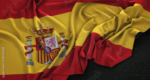 Spain Flag Wrinkled On Dark Background 3D Render