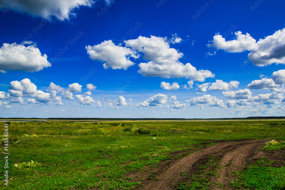 Obraz premium Earth road in a village with a traffic sign