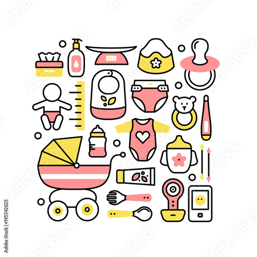 Collage with baby products for child care