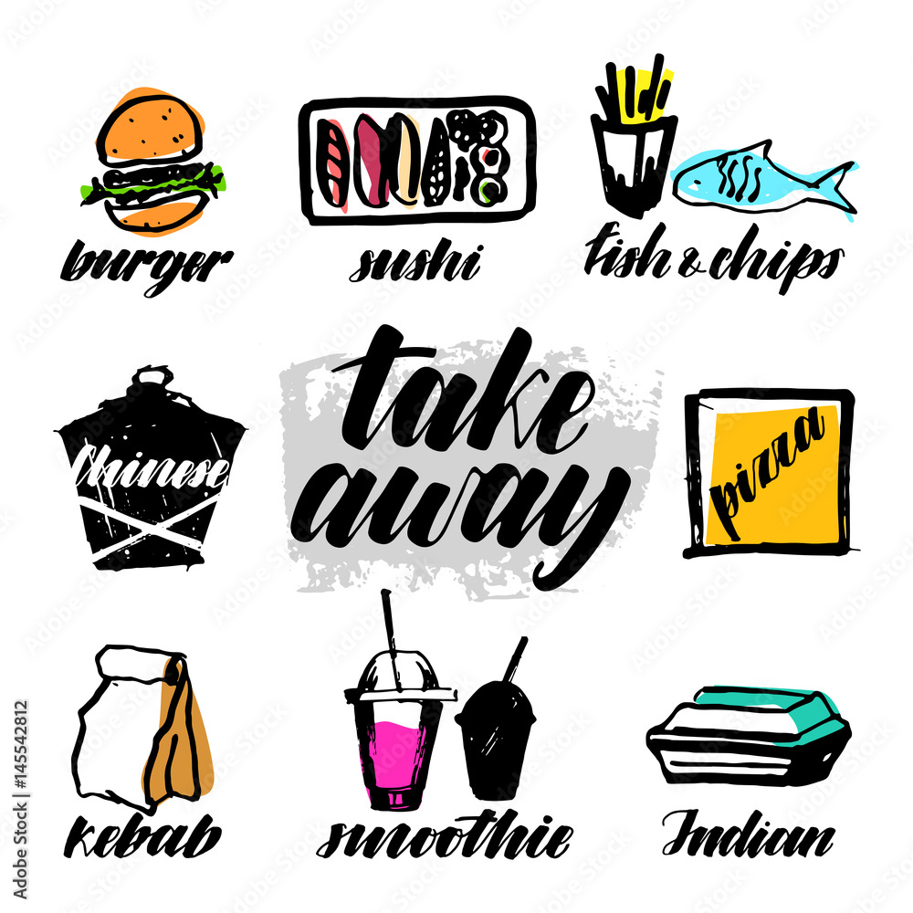 Set take away food. Fast food colored hand drawn icons made with ink brush pen and written calligraphic names on white background.