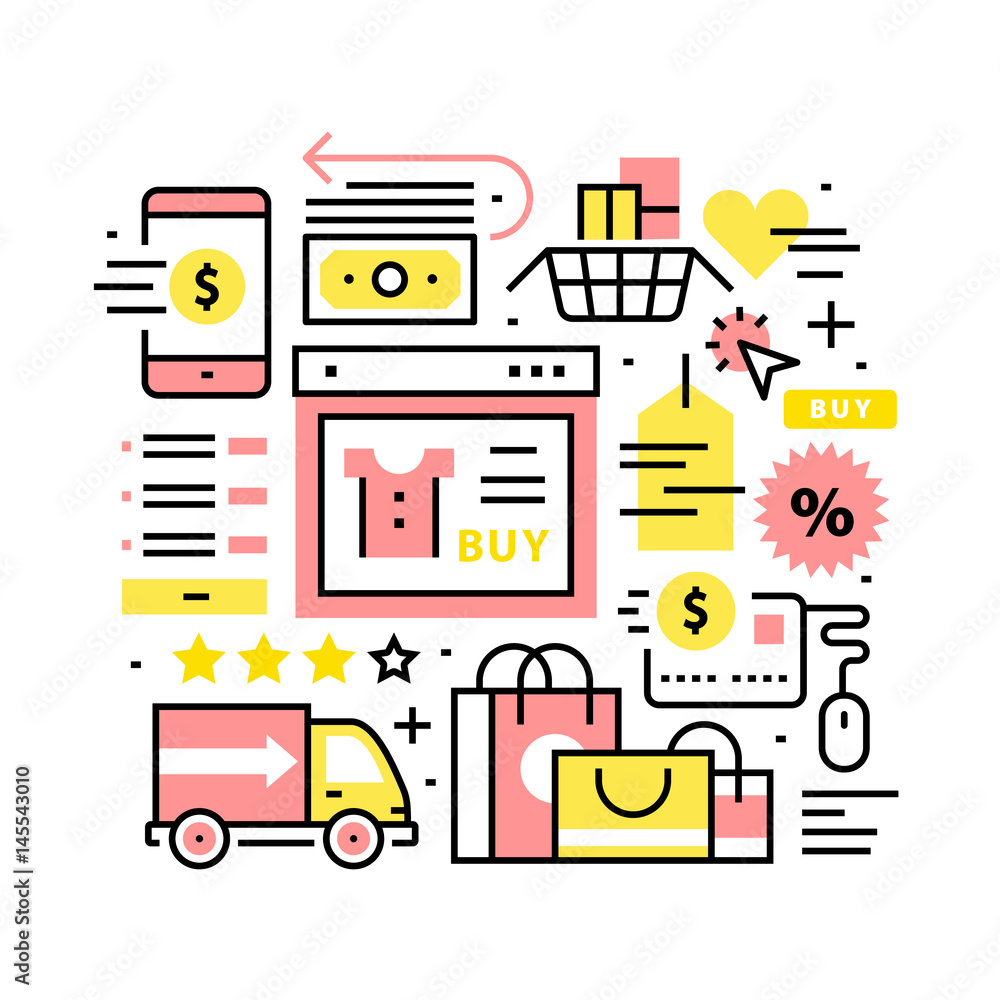 Online shopping collage. Thin line art icons Online shopping collage. Thin line art icons