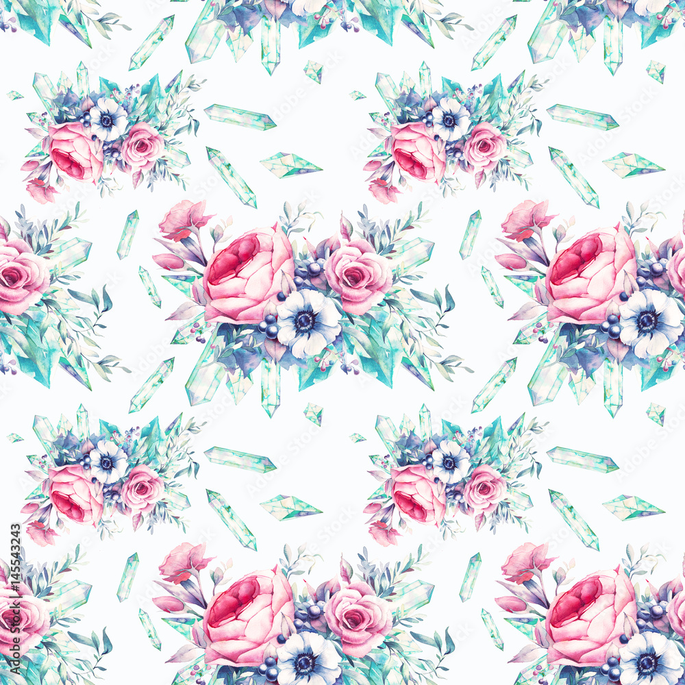 Watercolor flowers and gemstones seamless pattern. Hand painted repeating floral wallpaper design with  minerals. Vintage style peony, roses, anemone, berries and leaves posy, jewels.