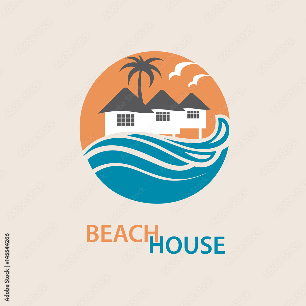 Naklejka premium seaside beach logo with houses and palms