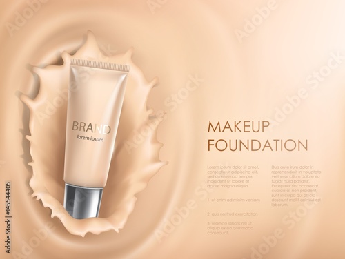Vector 3D cosmetic illustration for the promotion of foundation premium product. Colorstay make-up in glass bottle against the backdrop of a splash of foundation