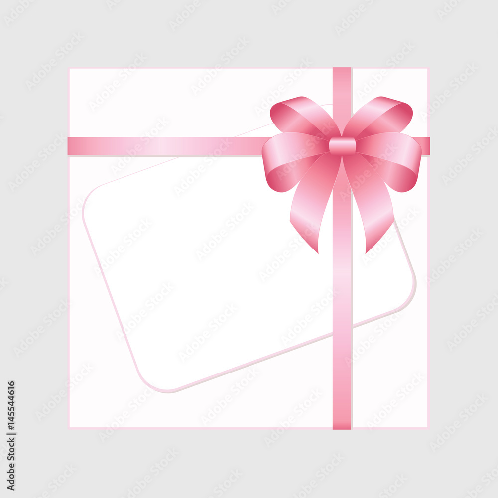 Rectangle white paper card with pink ribbon and tied bow on pink background. Vector image.
