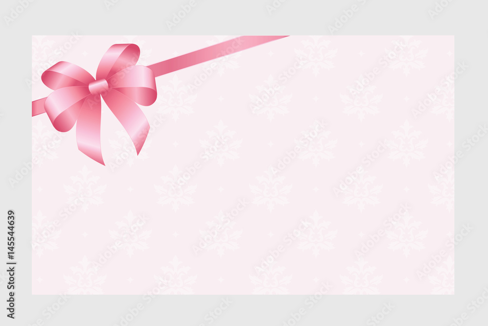 Gift Card With Pink Ribbon And A Bow on pink background.  Gift Voucher Template.  Vector image.