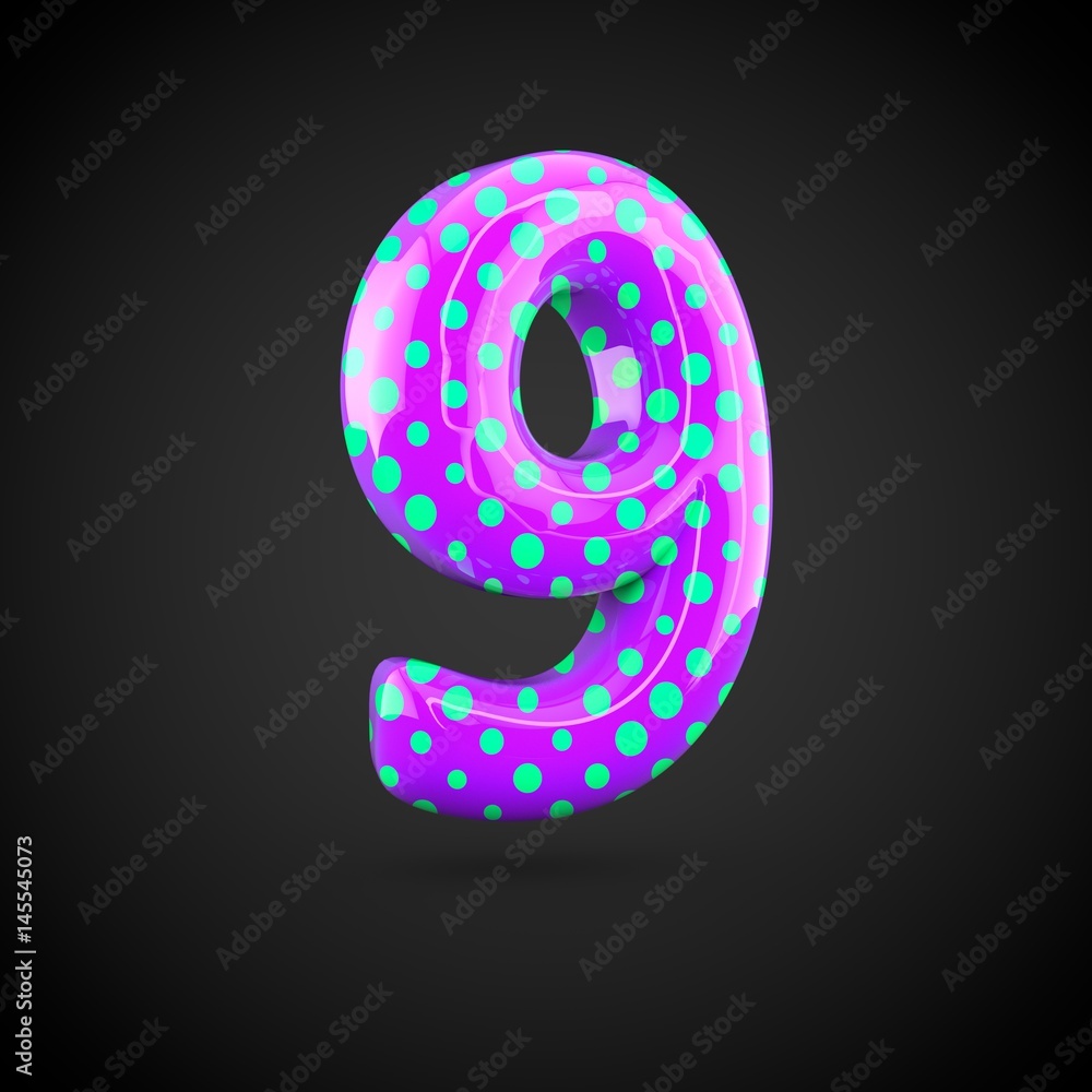 Violet alphabet number 9 with blue dots isolated on white background. Violet alphabet number 9 with blue dots isolated on white background.