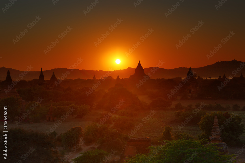 Temples silhouette in Bagan at sunset