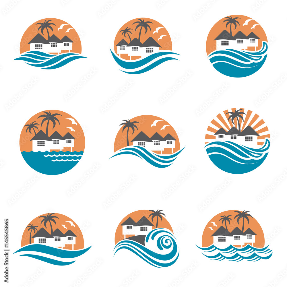 collection of seaside beach logo with houses and palms 