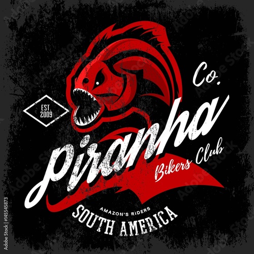 Vintage American furious piranha bikers club tee print vector design isolated on black background. 
Street wear t-shirt emblem. Premium quality wild fearsome fish superior logo concept illustration.