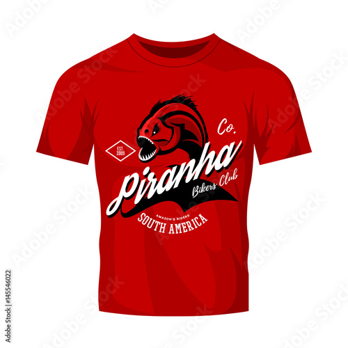 Vintage American furious piranha bikers club tee print vector design isolated on red t-shirt mockup. 
Street wear t-shirt emblem. Premium quality fearsome fish superior logo concept illustration.