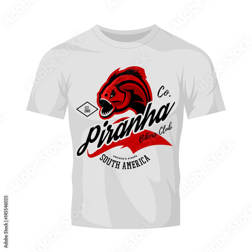 Vintage American furious piranha bikers club tee print vector design isolated on white t-shirt mockup. 
Street wear t-shirt emblem. Premium quality fearsome fish superior logo concept illustration.