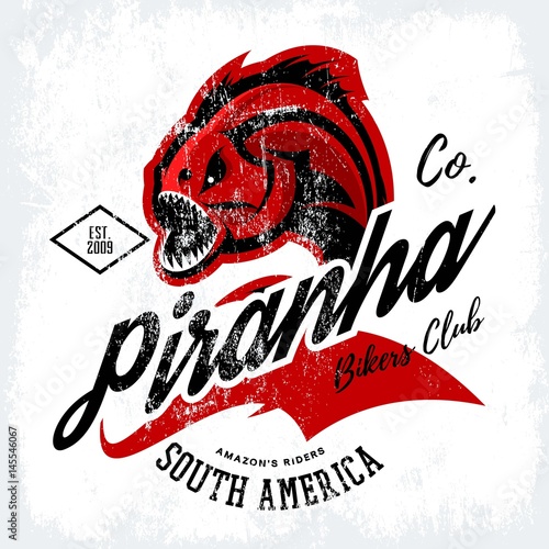 Vintage American furious piranha bikers club tee print vector design isolated on white background. 
Street wear t-shirt emblem. Premium quality wild fearsome fish superior logo concept illustration.