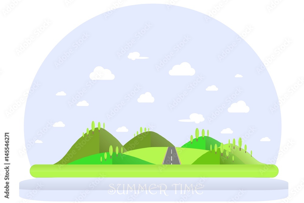 Summer landscape. Green hills, blue sky, white clouds, green trees, grey highway. Flat design, stock vector illustration