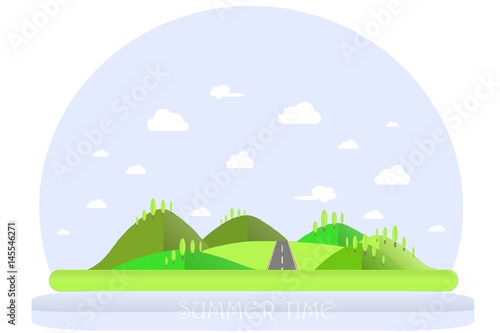 Summer landscape. Green hills  blue sky  white clouds  green trees  grey highway. Flat design  stock vector illustration